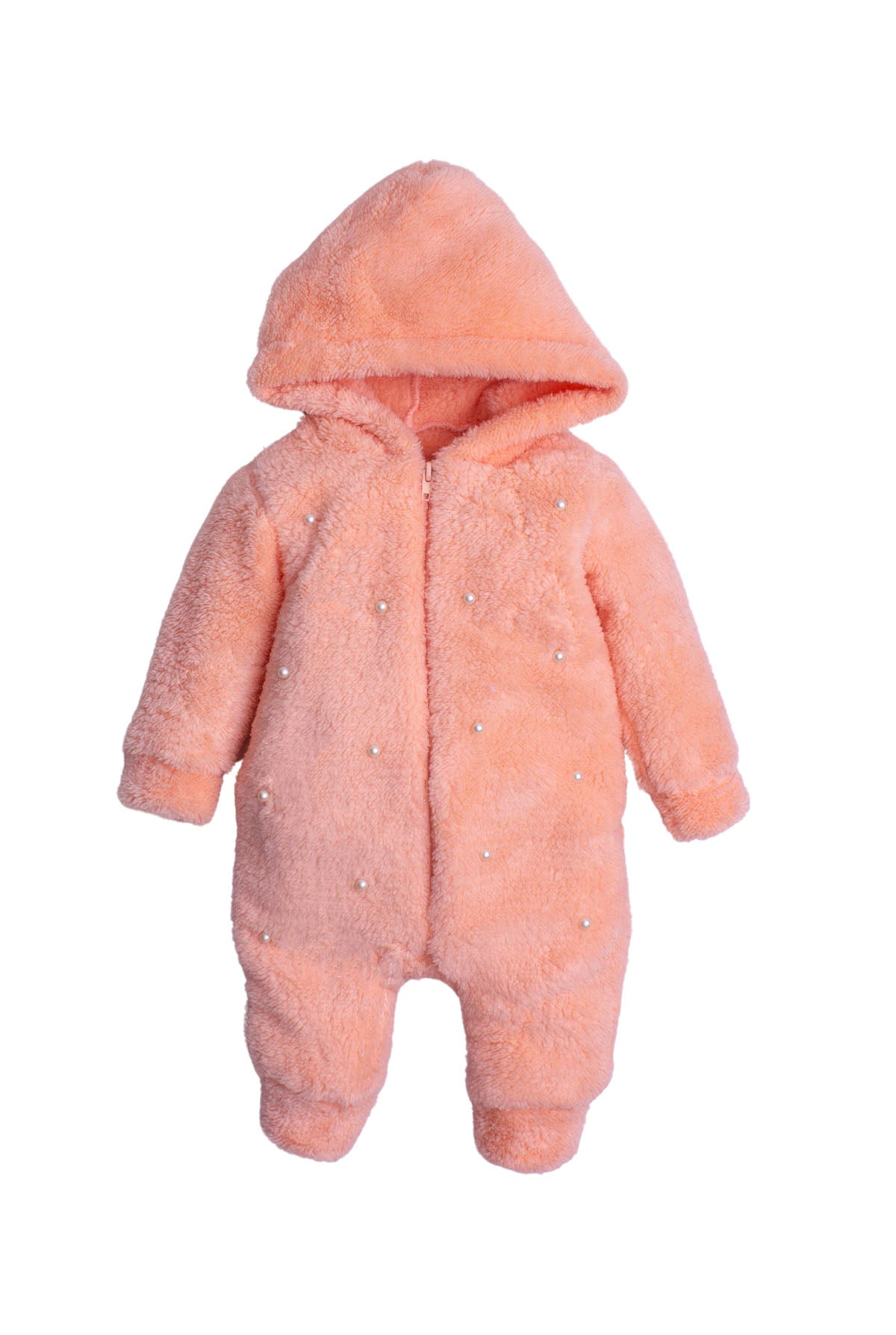 Kız Bebek İnci Detaylı Kapüşonlu Peluş Tulum 0-12 Ay